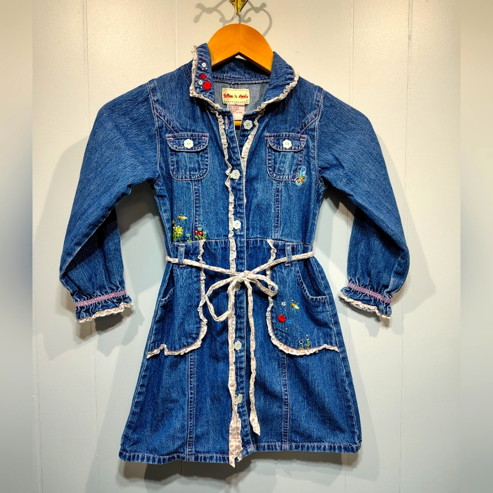 Toffee‎ Apple Embroidered Denim Dress 6X  Cotton Autumn Cottagecore Girls Dress